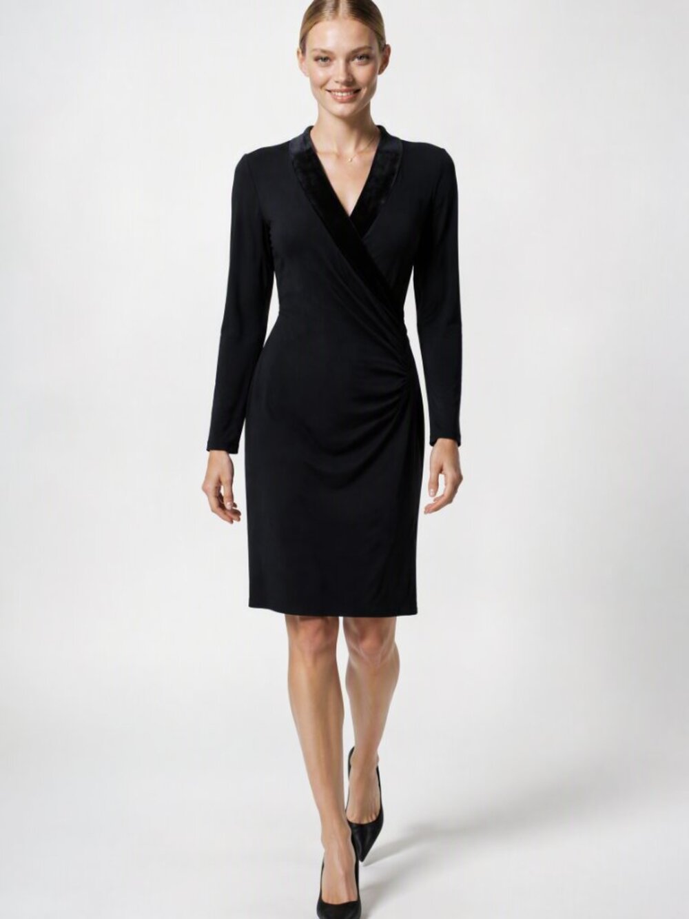NWT Tahari Faux Wrap Bodycon Sheath Dress Modal body velvet Collar S